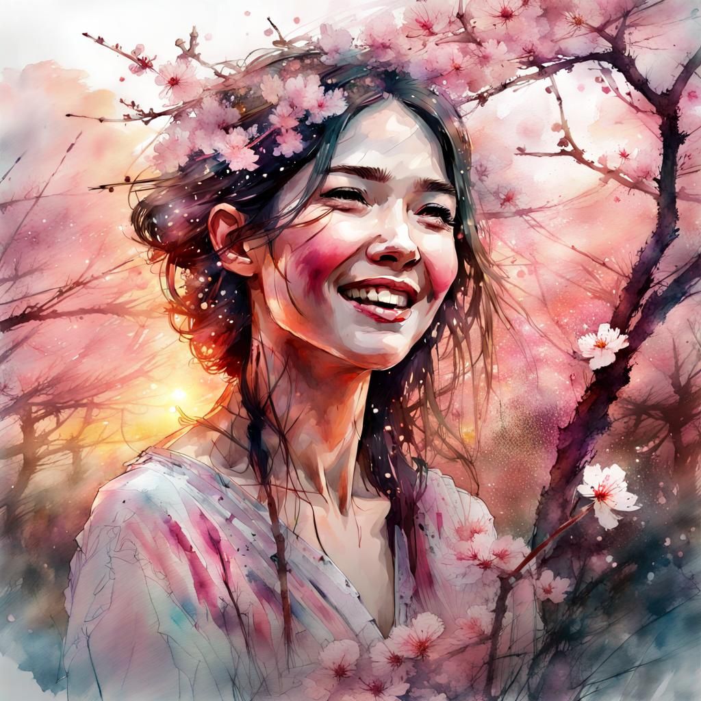Woman in Cherry Blossom Field: Watercolor Art