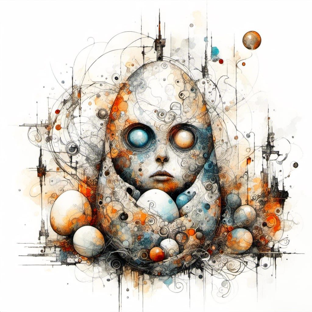 Psychedelic Abstract Art with Eggs and Dolls