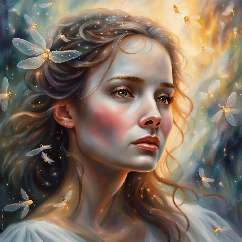 Ethereal Fantasy Portrait in Oil with Fireflies
