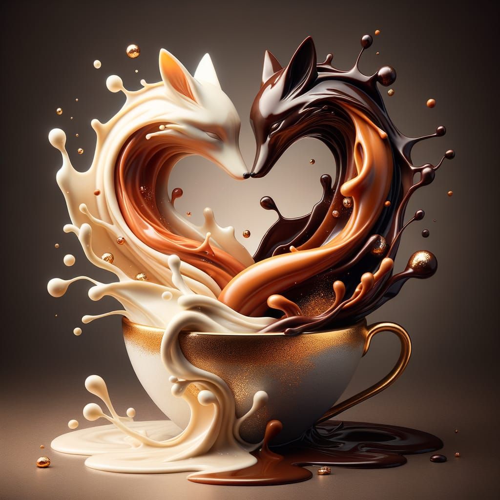 Chocolate Foxes Nuzzling in Dreamy Coffee Cup