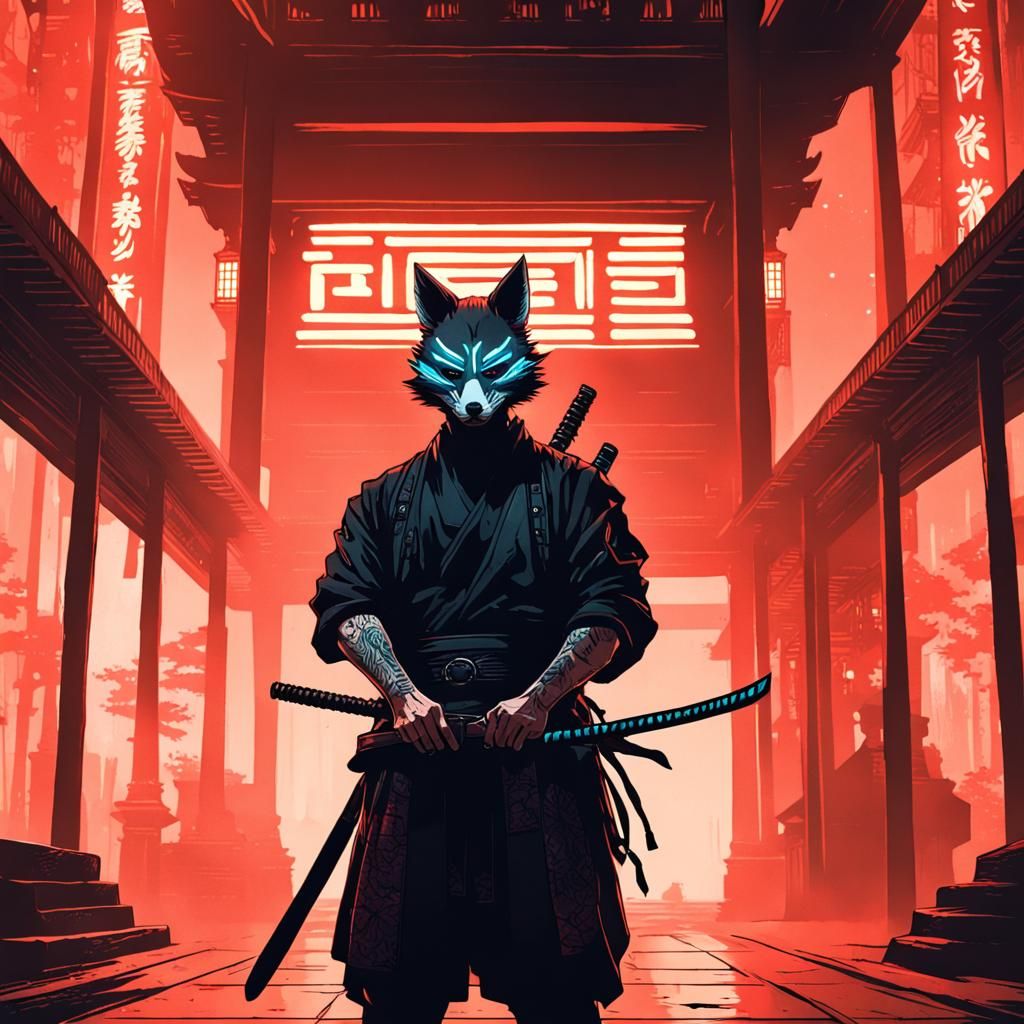 Cyberpunk Samurai with Kitsune Mask in Temple
