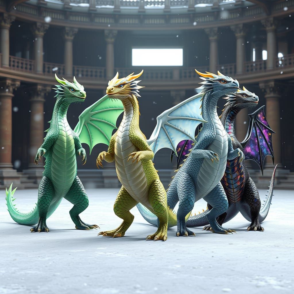 Majestic Dragons in Ancient Arena, Inspired by WLOP and Arts...