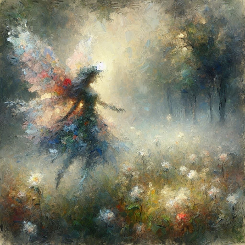 Whimsical Floral Fairy in Impasto Forest Scene
