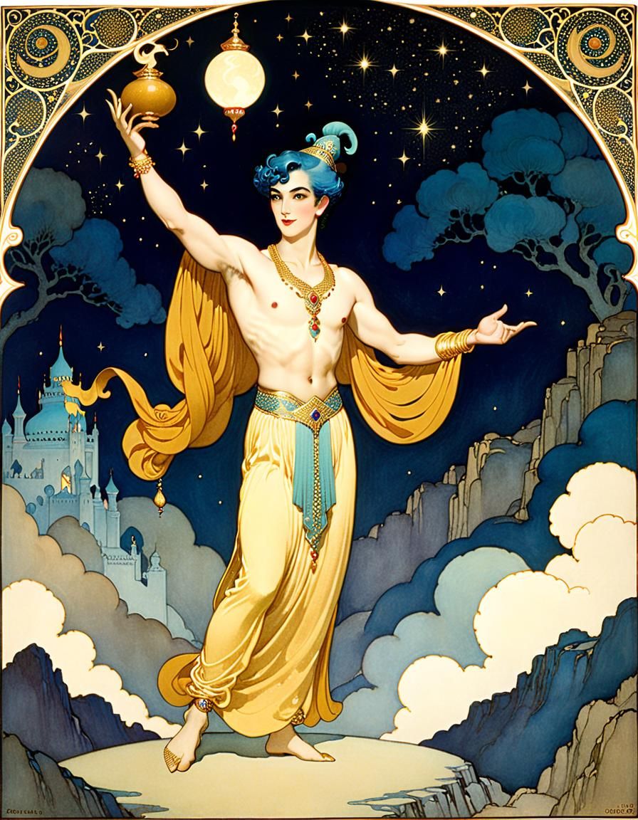 Golden age illustration of a genie in the style of Edmund Du...