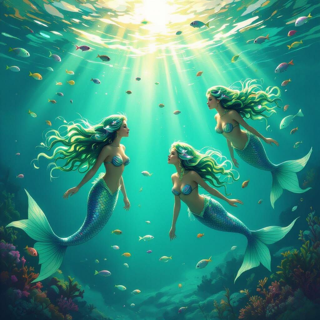 Mermaids Swim in Turquoise Ocean with Colorful Fish