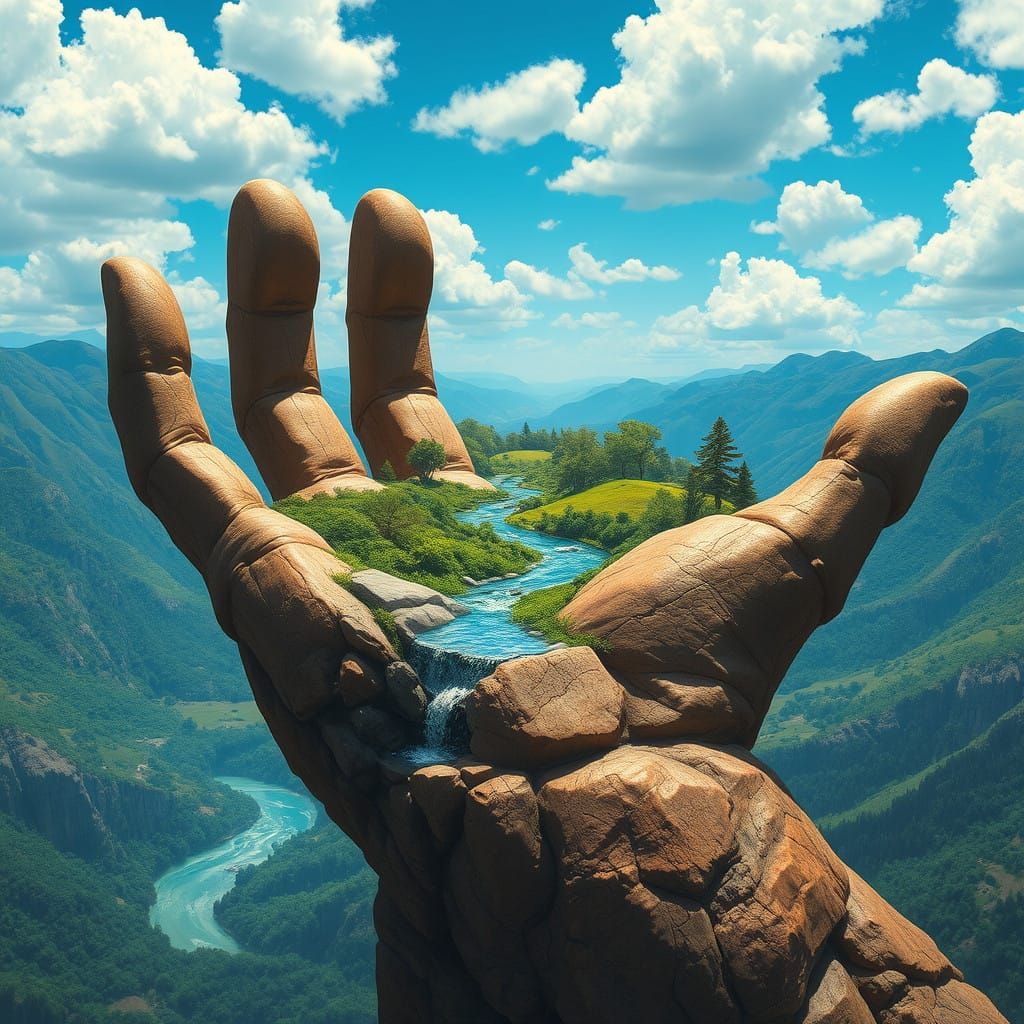 Ancient Earthy Hand Cradles Lush Landscape in a Serene, Drea...