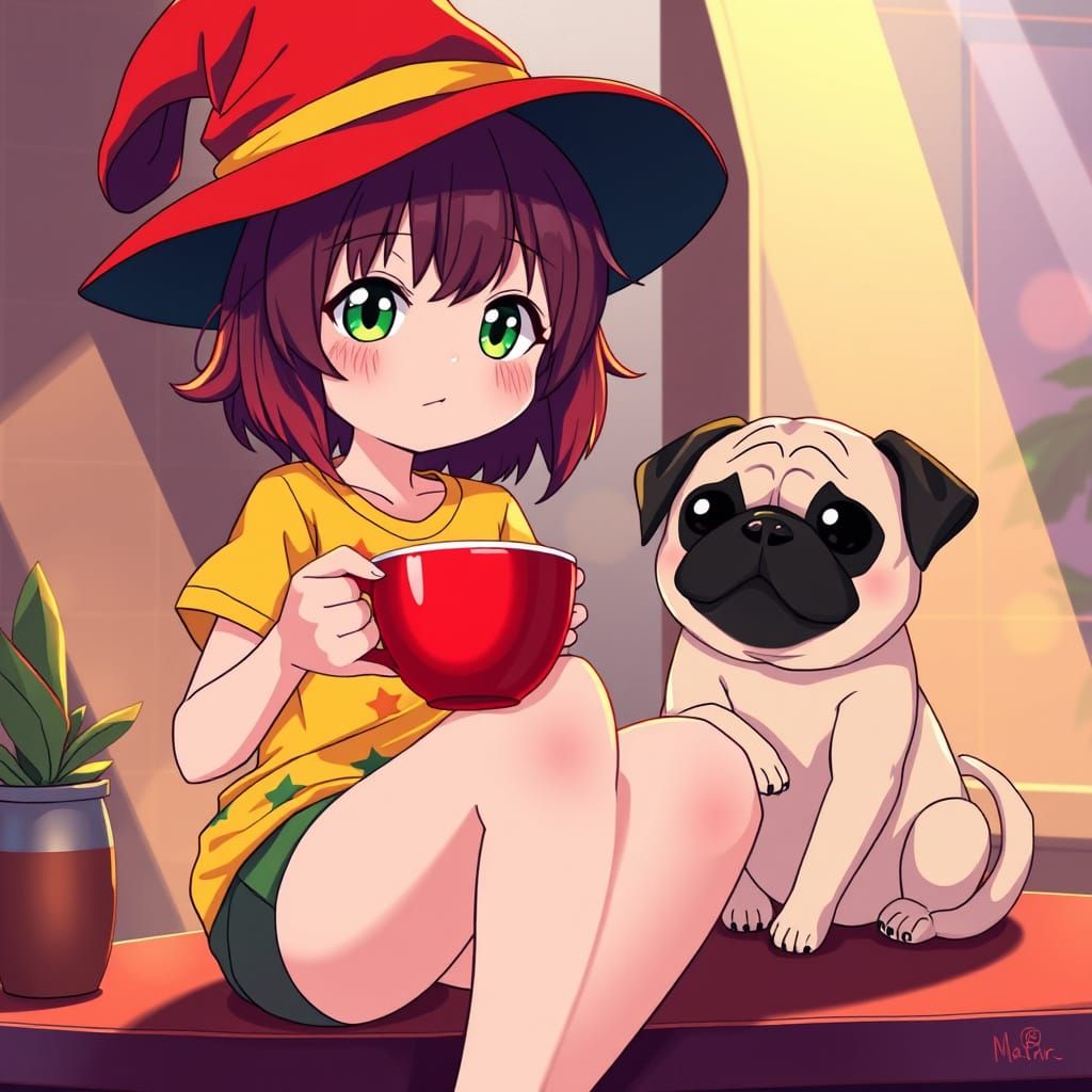 Anime Woman in Cel-Shaded Style Sips Coffee with Pug
