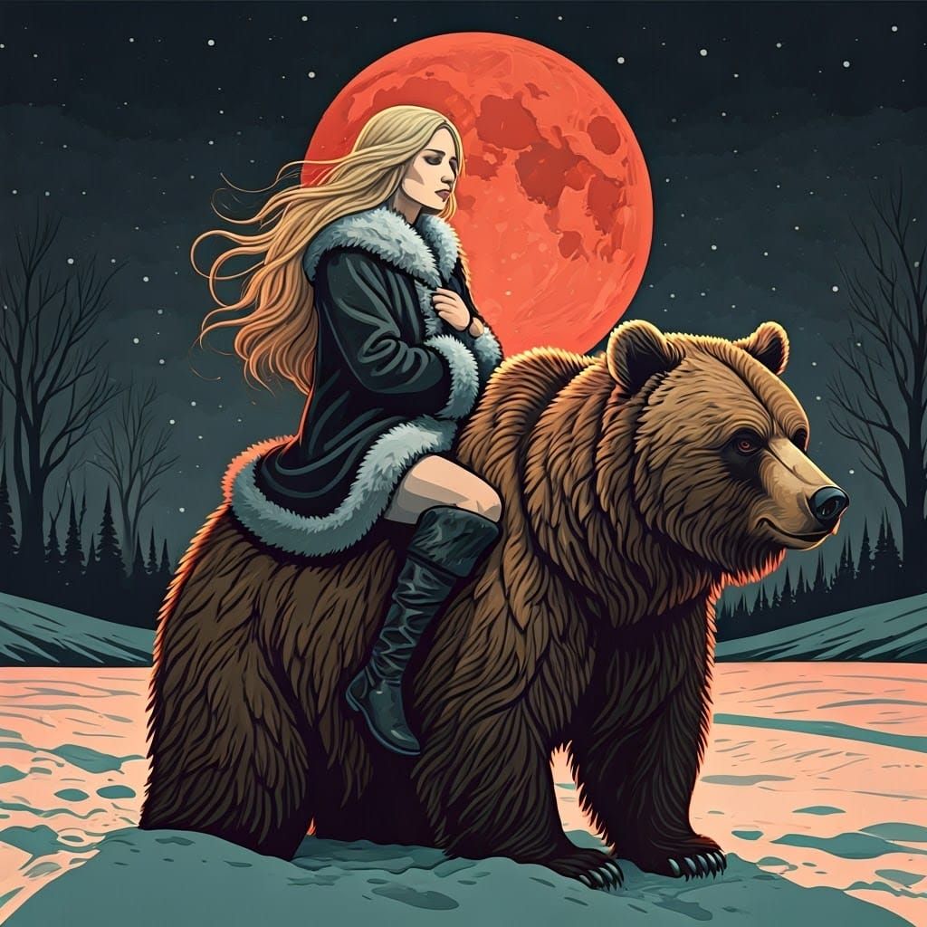 Woman on Bear in Snowy Field, Linocut Print