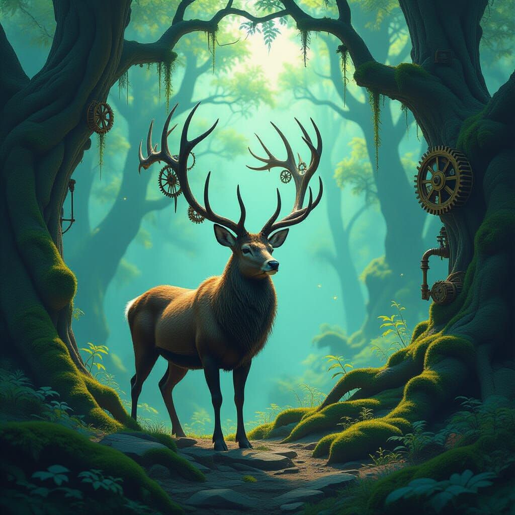 Clockwork Stag in Enchanted Forest