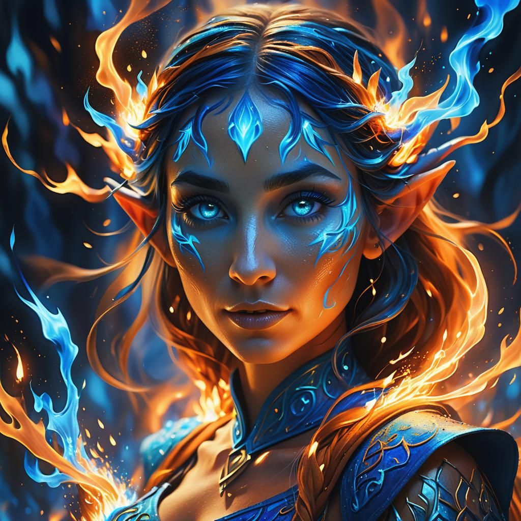 Elf Girl Ablaze in Digital Oil Painting