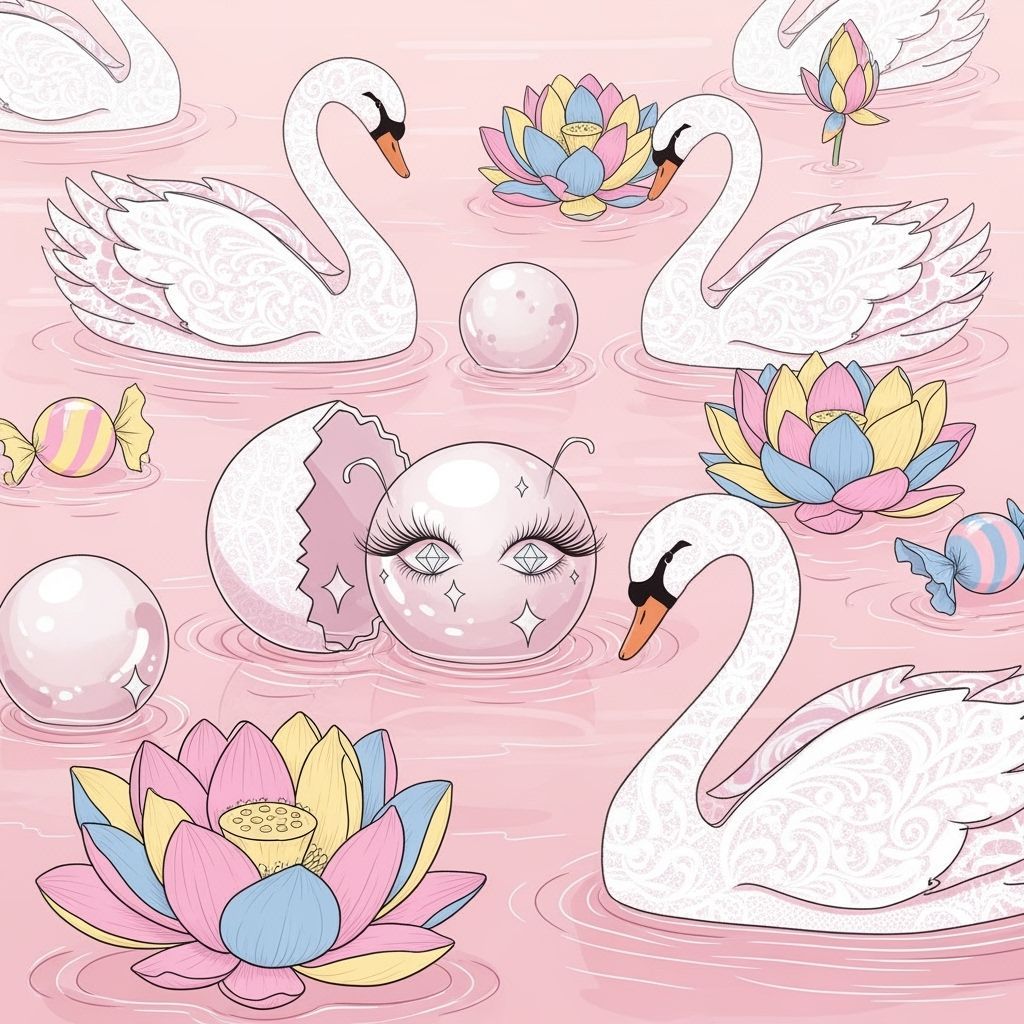 Whimsical Pink Lagoon with Swans and Pearl Creatures