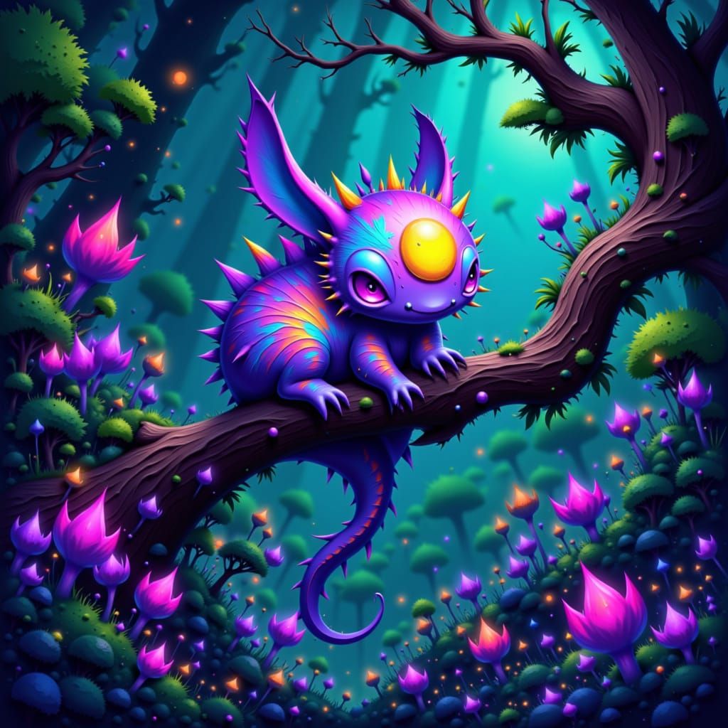 Bioluminescent Creature with Holographic Scales in Alien For...