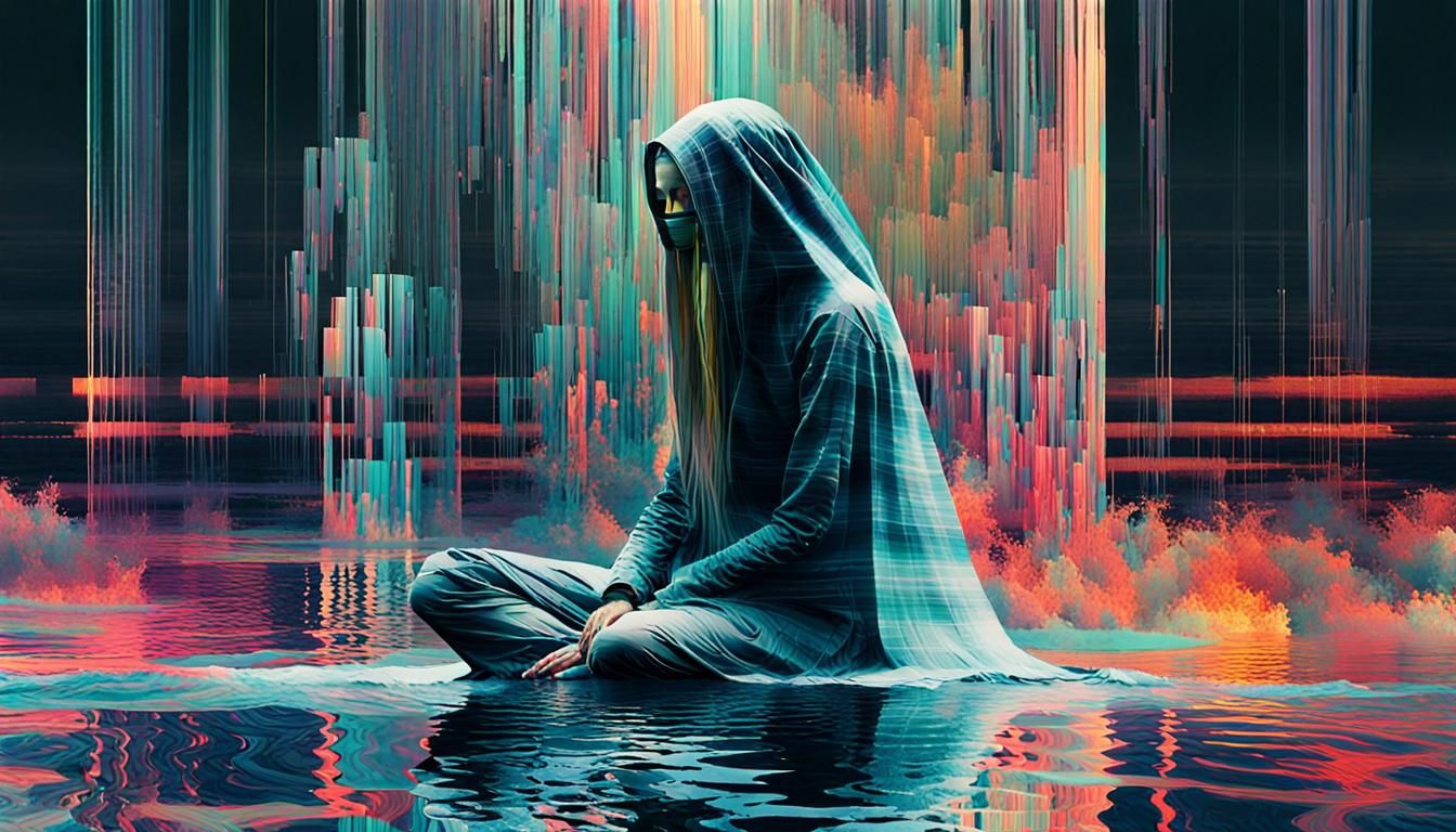 Woman Veiled by Hair at Sunset: Glitch Art