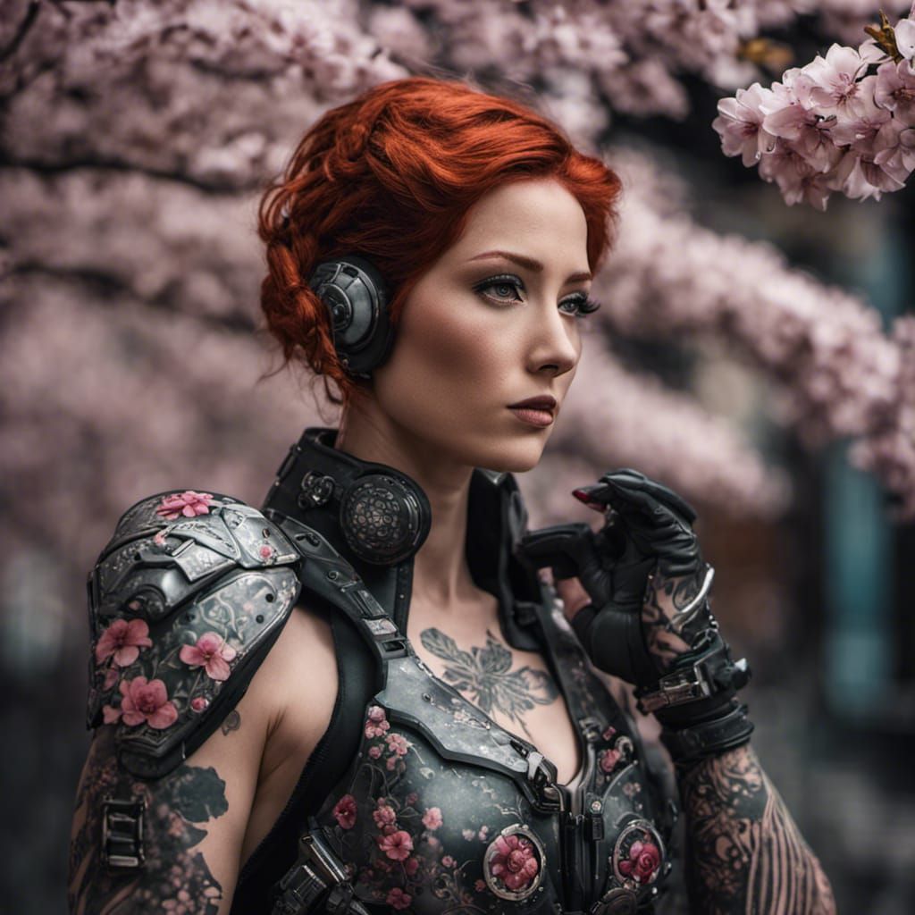 Cyberpunk Redhead with Cherry Blossom Tattoos