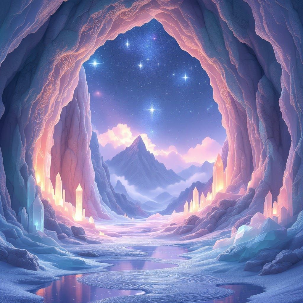 Ethereal Cave Sanctuary Reflects Twinkling Stars in Soft Pas...