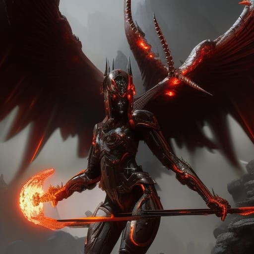 Red Armored Biomechanical Angel in Dark Fantasy Style
