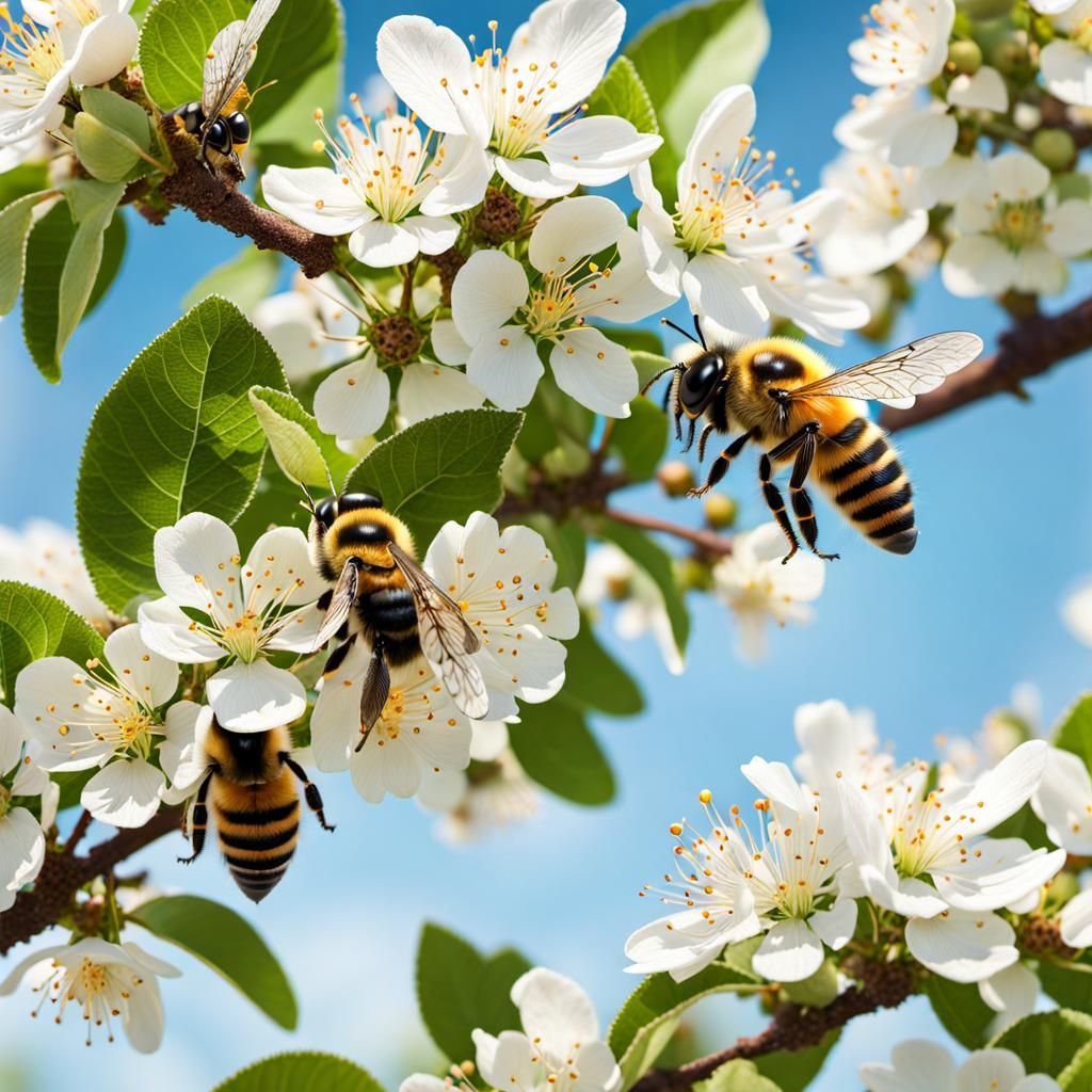 Bees Feast on Blossoms: A Hyperrealistic Spring Scene