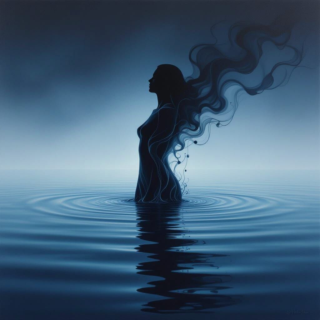 Human Silhouette Dissolving into Ocean Ink