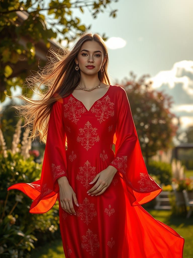 Radiant Woman in Red Silk Dress at Garden Party