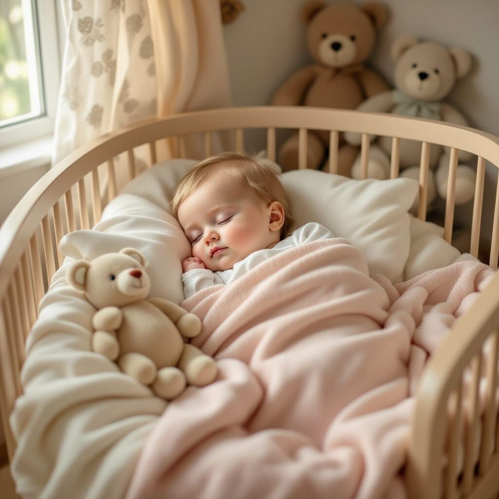 Serene Baby in Cradle, Storybook Illustration