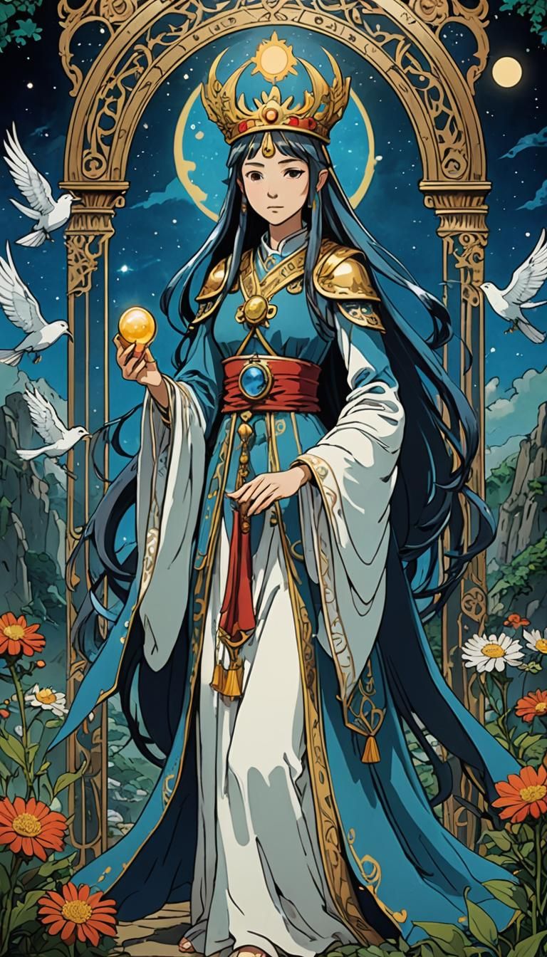 High Priestess Tarot Card in Studio Ghibli Style