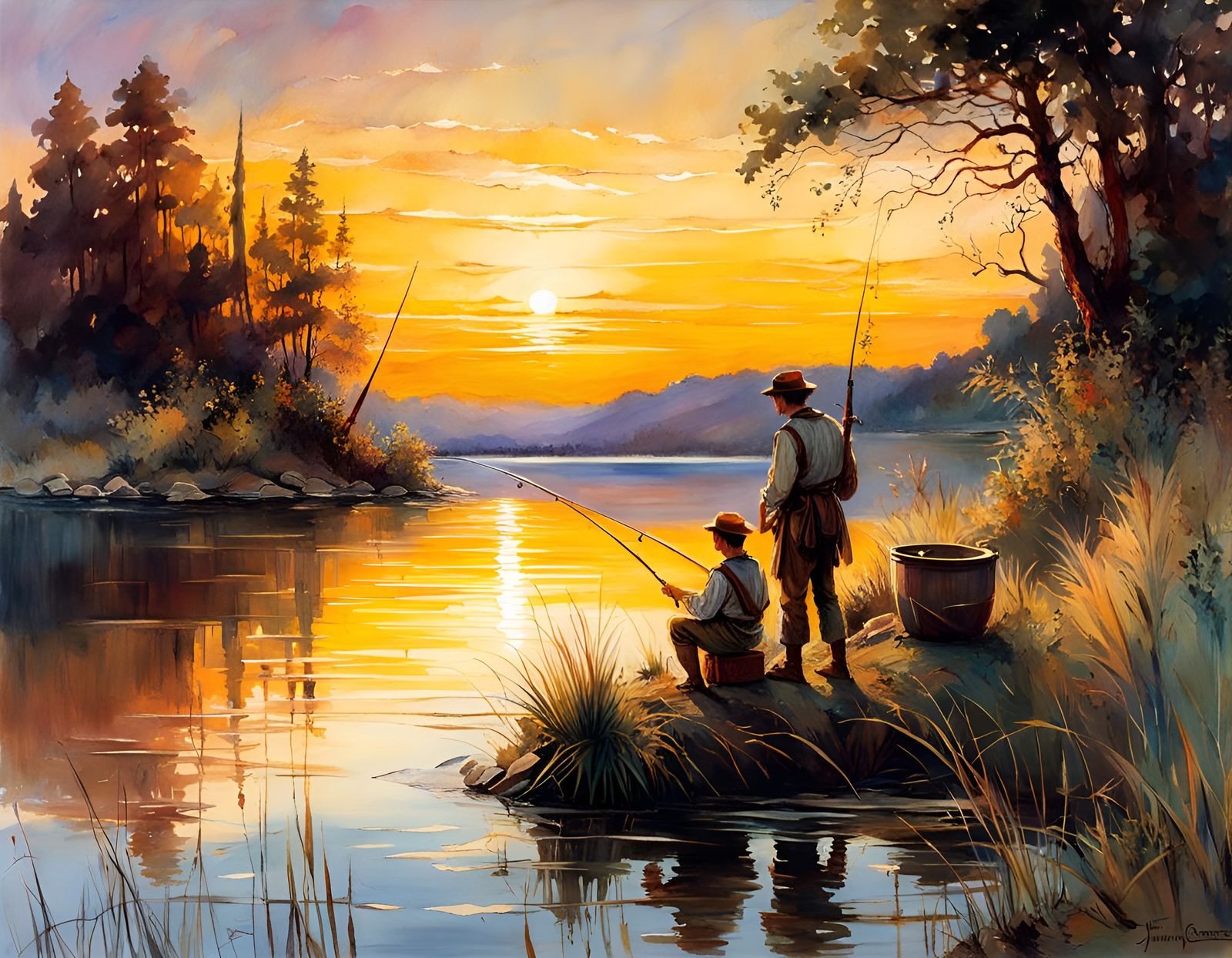 Father and Son Fishing: Renaissance Watercolor Painting