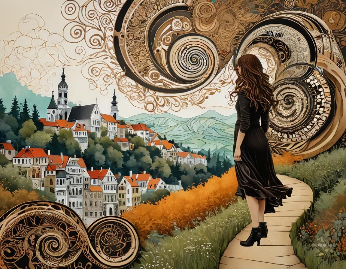 Young woman merges with swirling bronze architecture