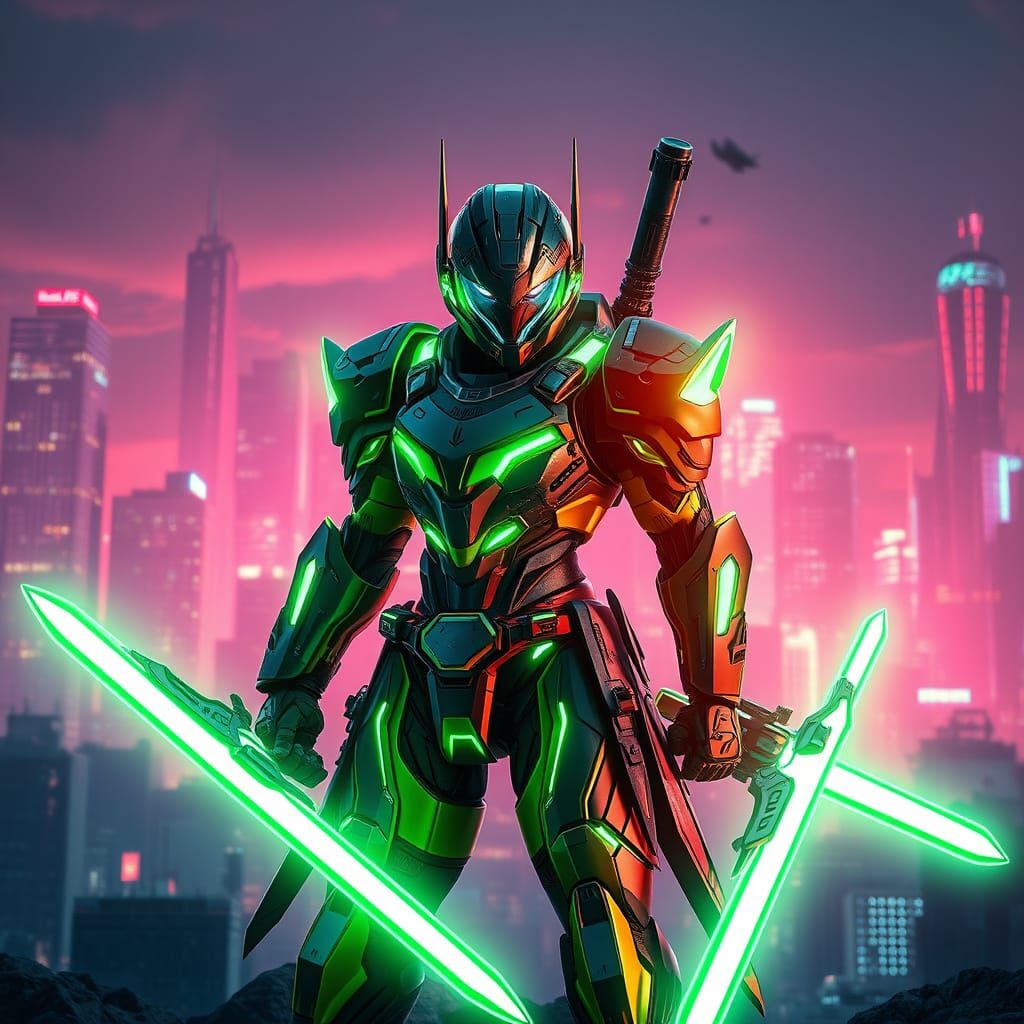 Futuristic Soldier in Neon-Lit Green Armor Wields Laser Swor...