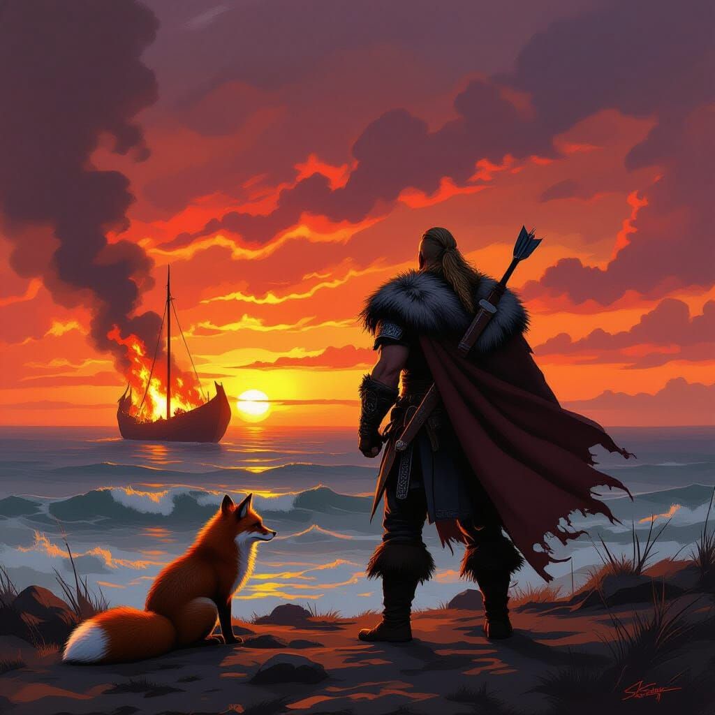 Viking and Fox Silhouette at Fiery Sunset