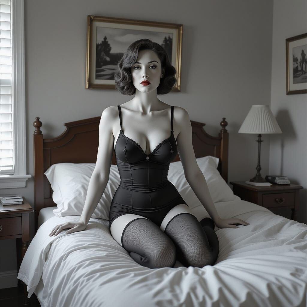 Surreal Body Stocking Sculpture in Dramatic Bedroom
