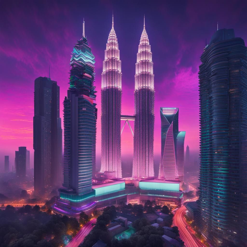 Cyberpunk Kuala Lumpur: Neon Towers in Vaporwave Style