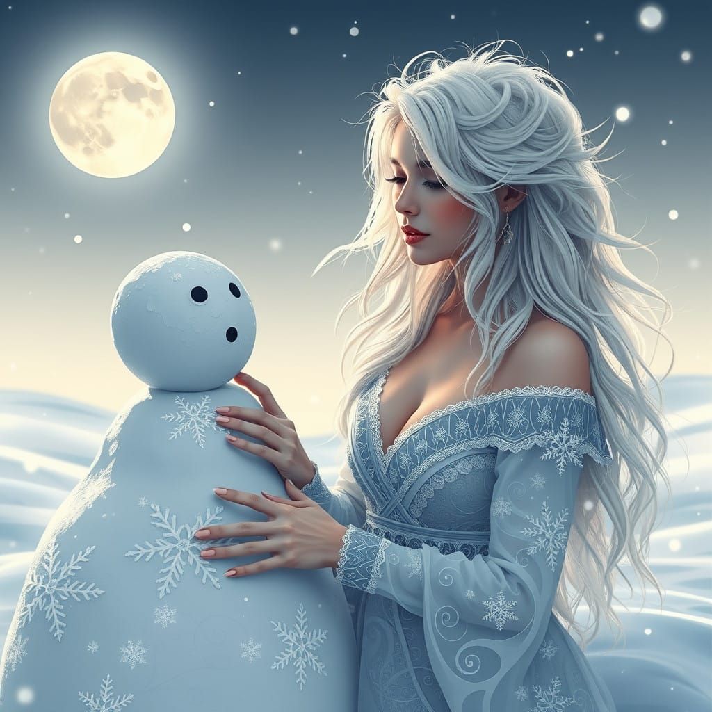 Mystical Snowwoman Builder Under the Full Moon