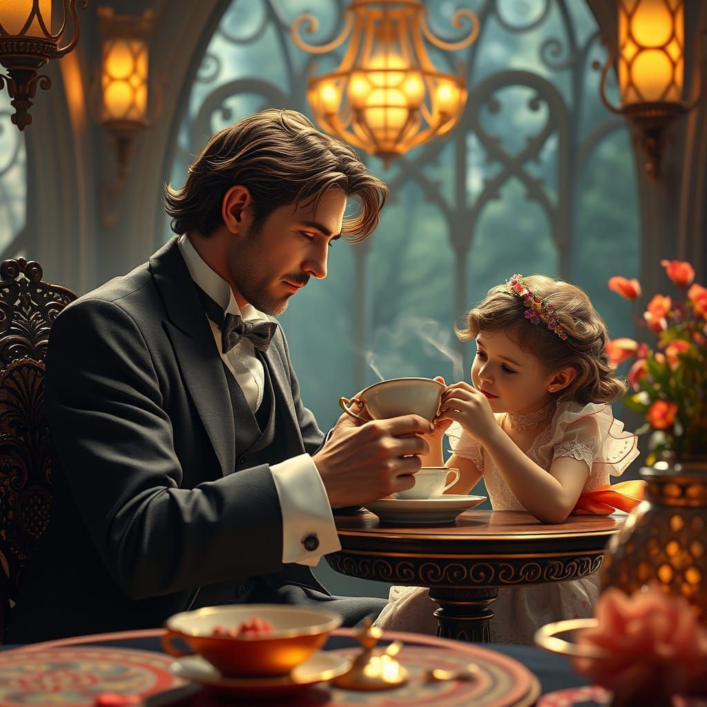 Elegant Father Daughter Tea Party in Art Nouveau Style