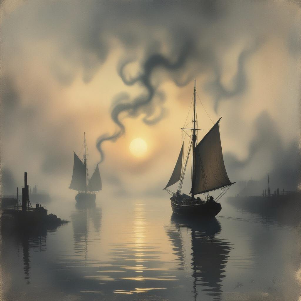 Dark foggy harbor. Tips of the sails looking out from Wisps ...