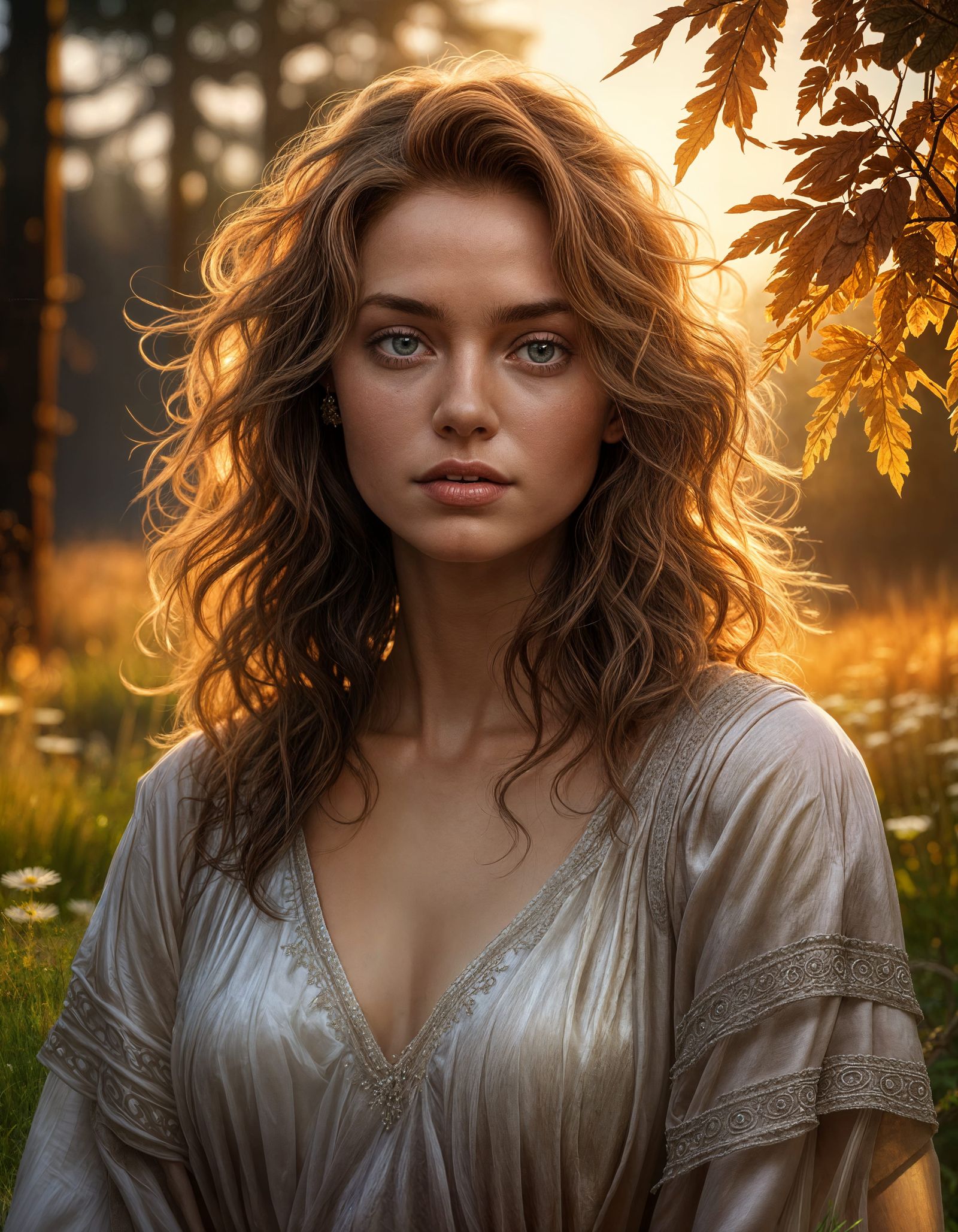 Ethereal Woman in Twilight Meadow with Autumn Forest