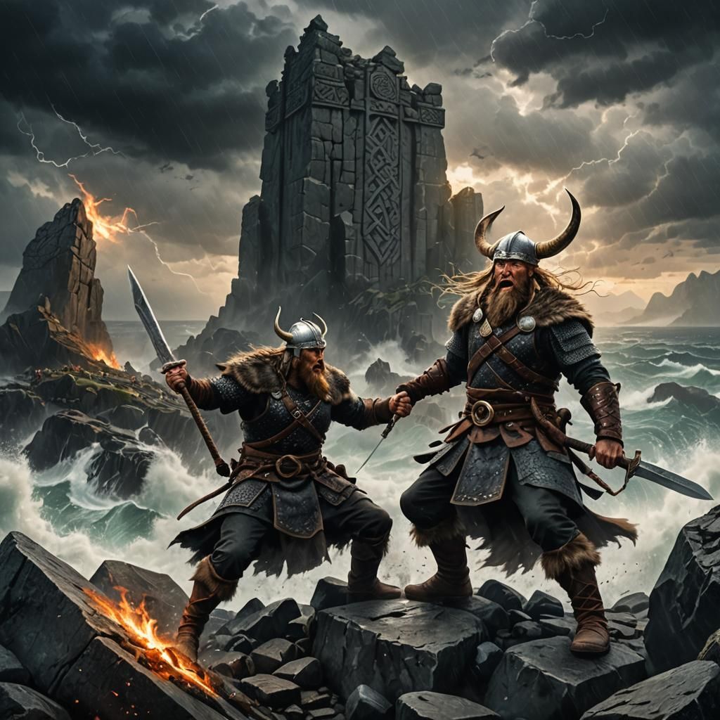 Viking Duel on Rocky Cliff: Stormy Sea Battle