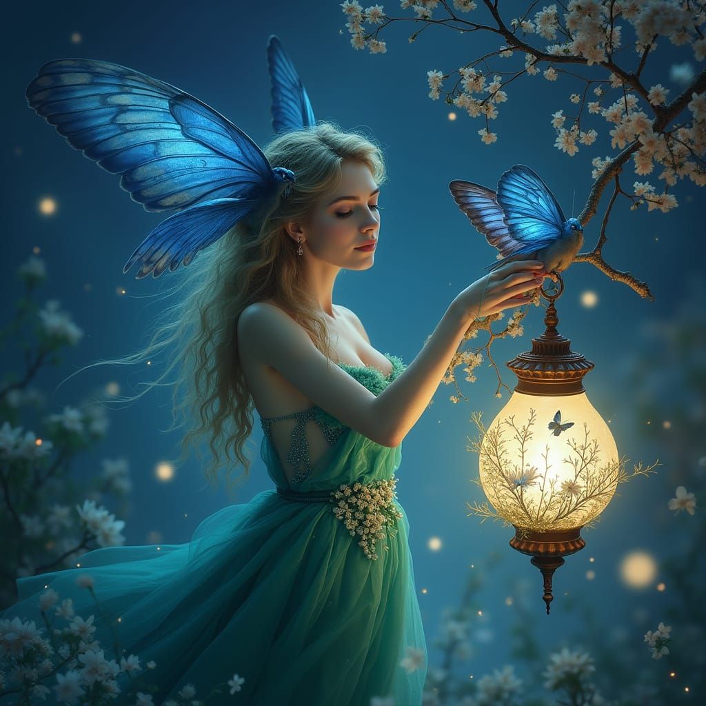 Enchantress with Bluebird Lantern in Dreamy Landscape