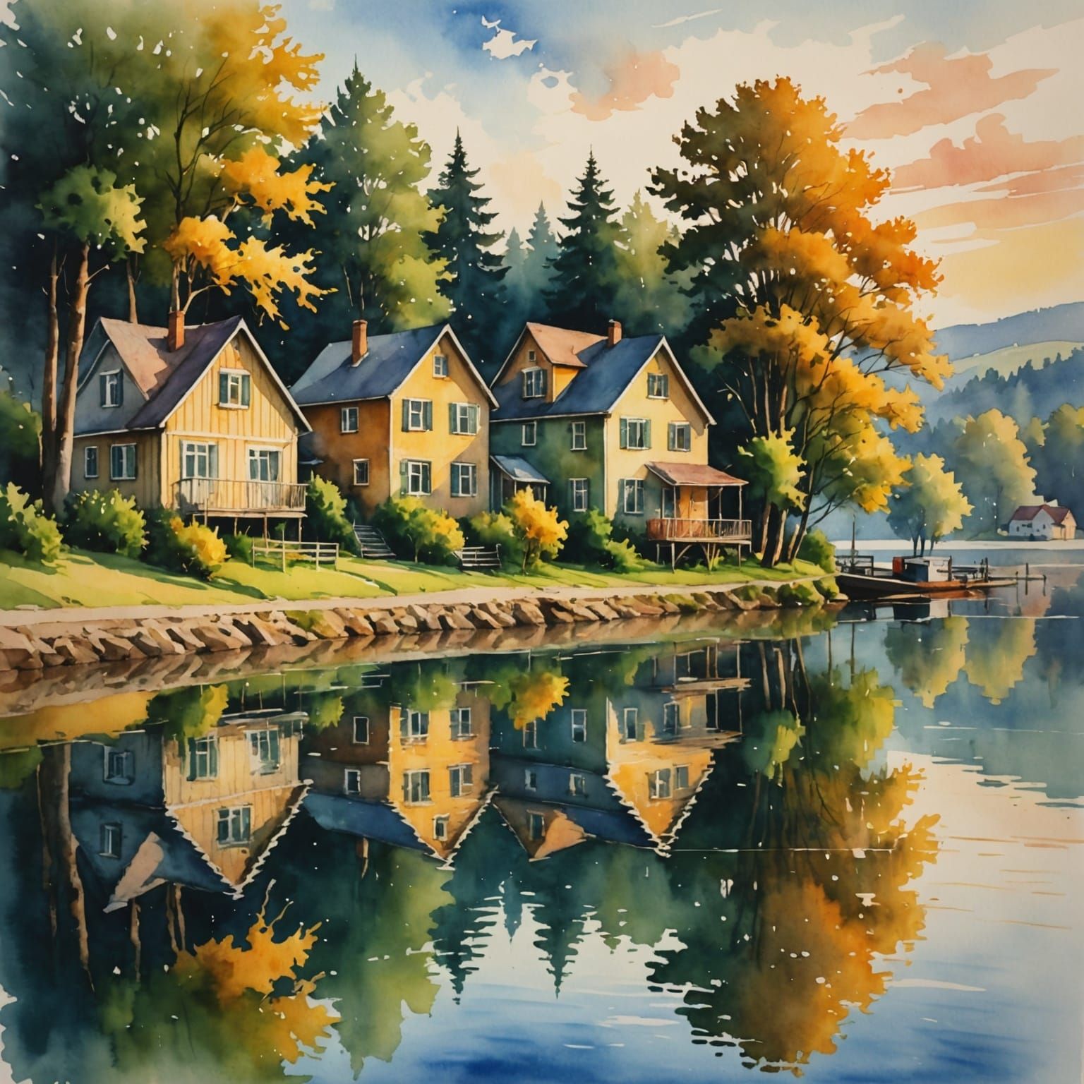 Lake Scene in Watercolor Style