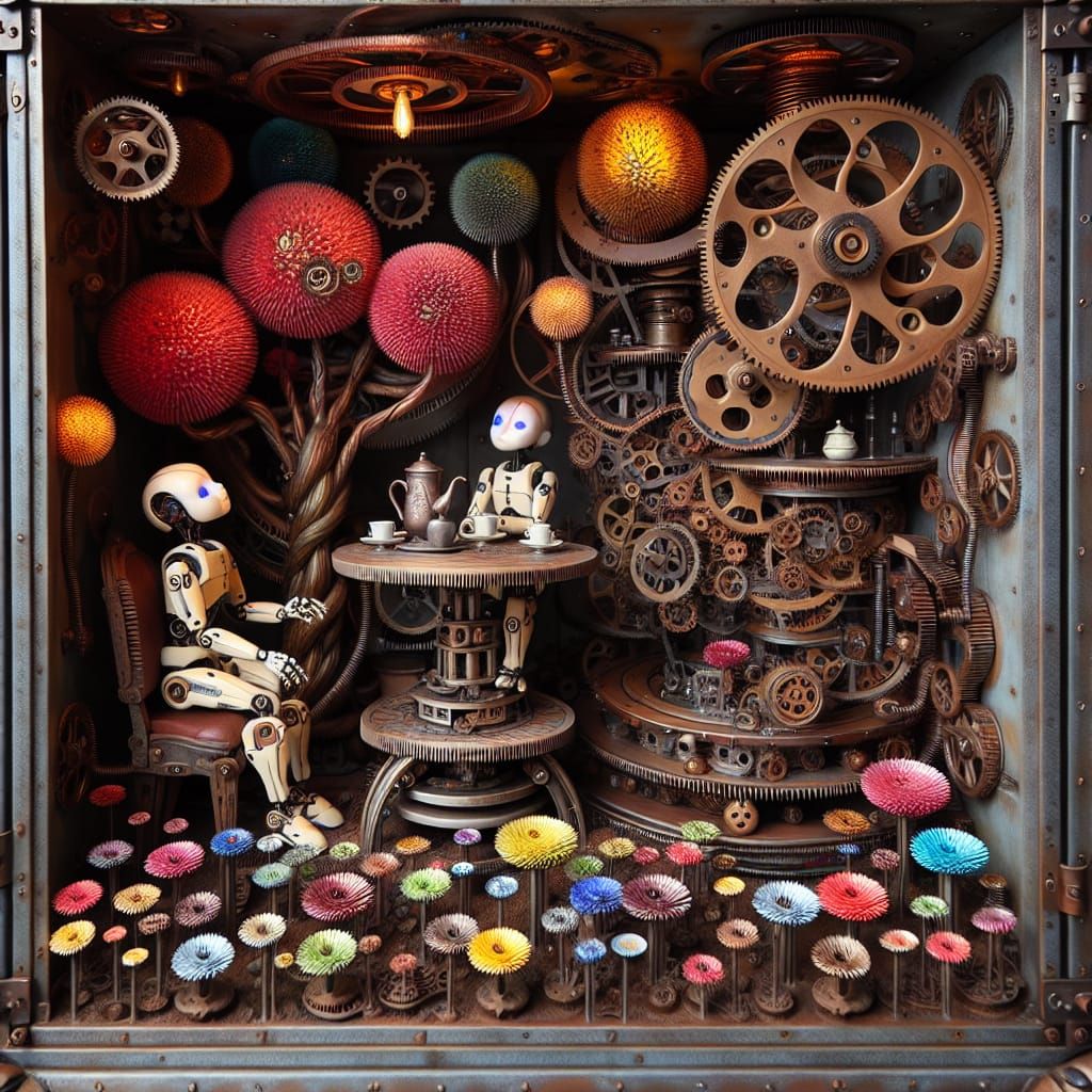 Steampunk Kinetic Robot House with Mechanical Flower Garden