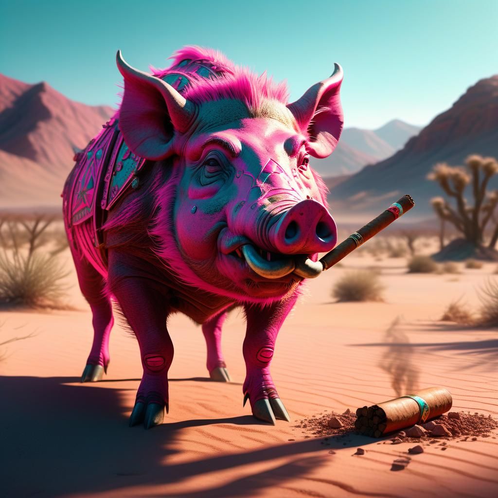 Pink Eight-Legged Boar in Desert Landscape