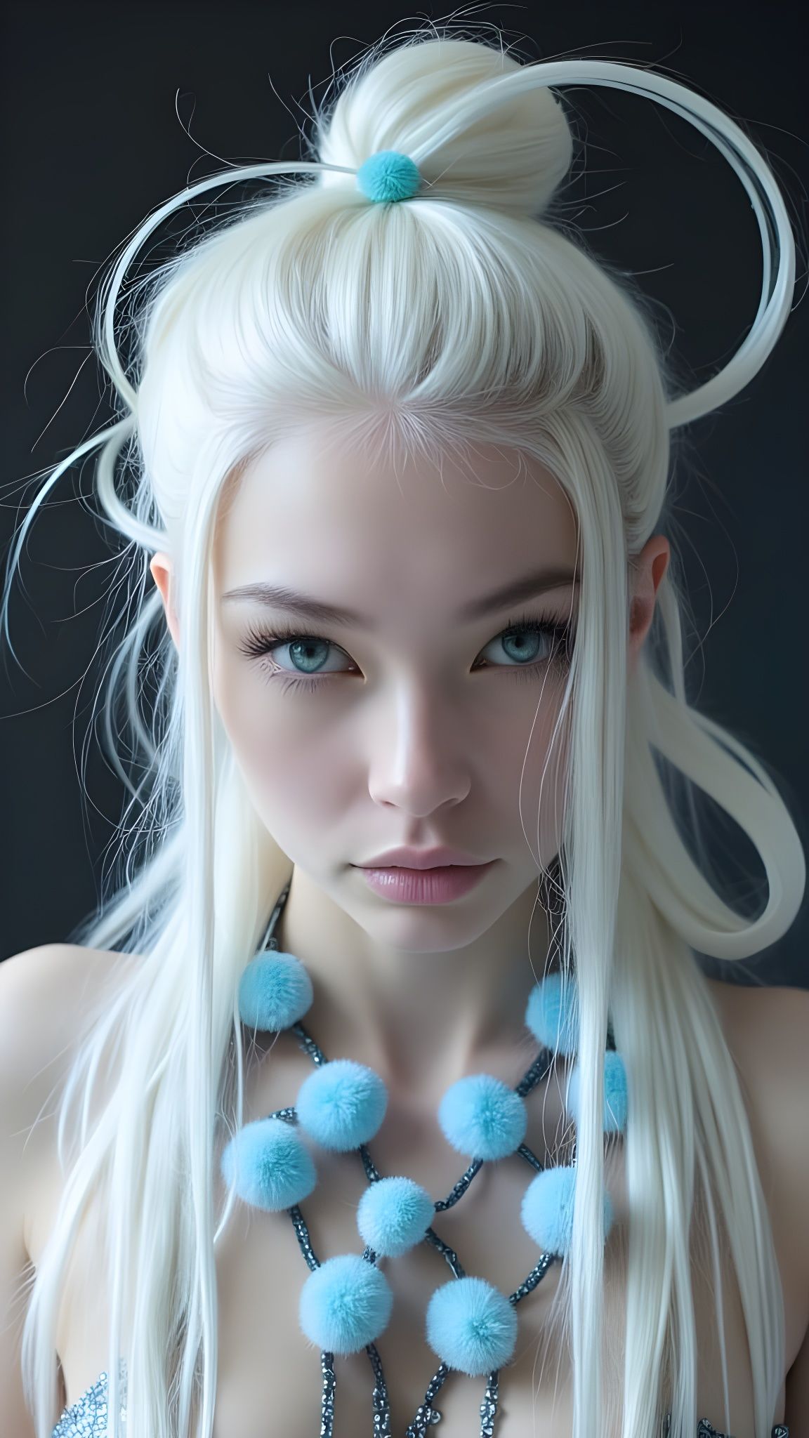 Ethereal Portrait with White Hair and Blue Pom-Pom Necklace