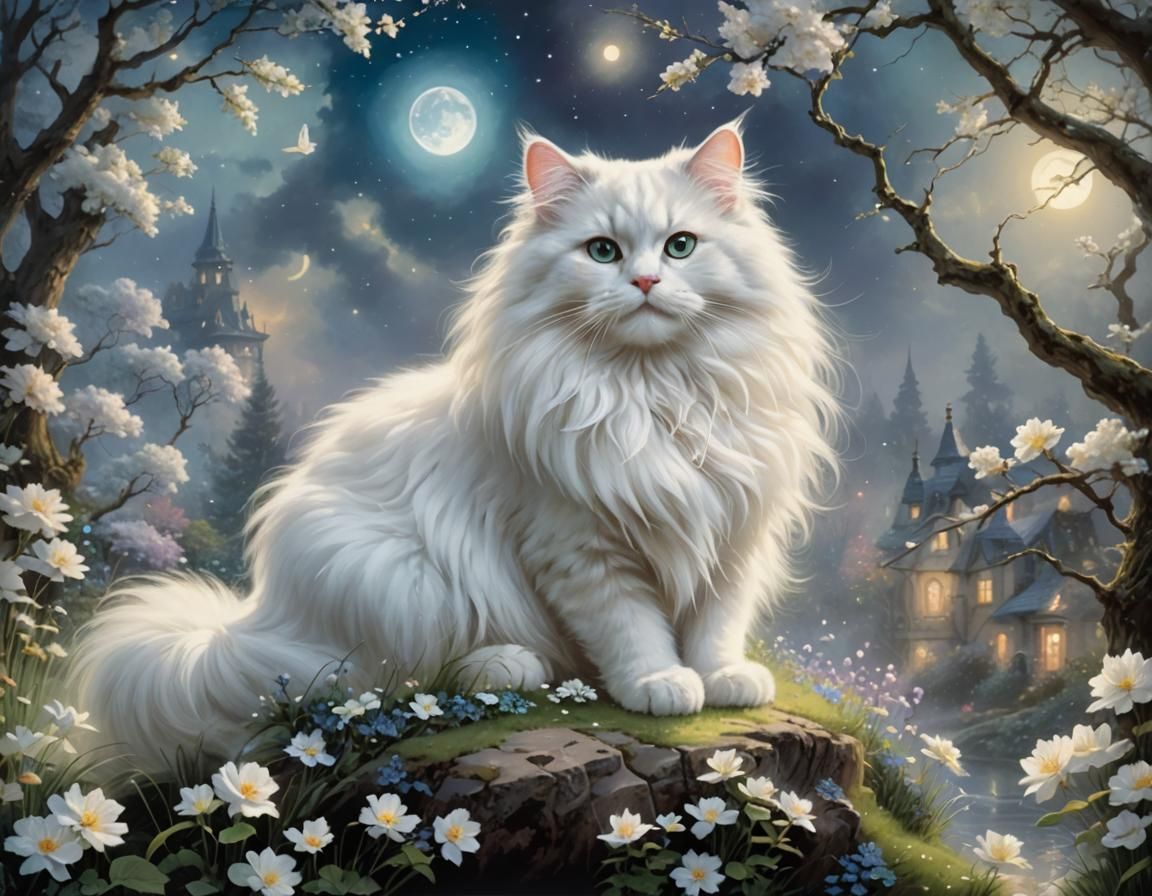 Ethereal White Cat in Spring Moonlight