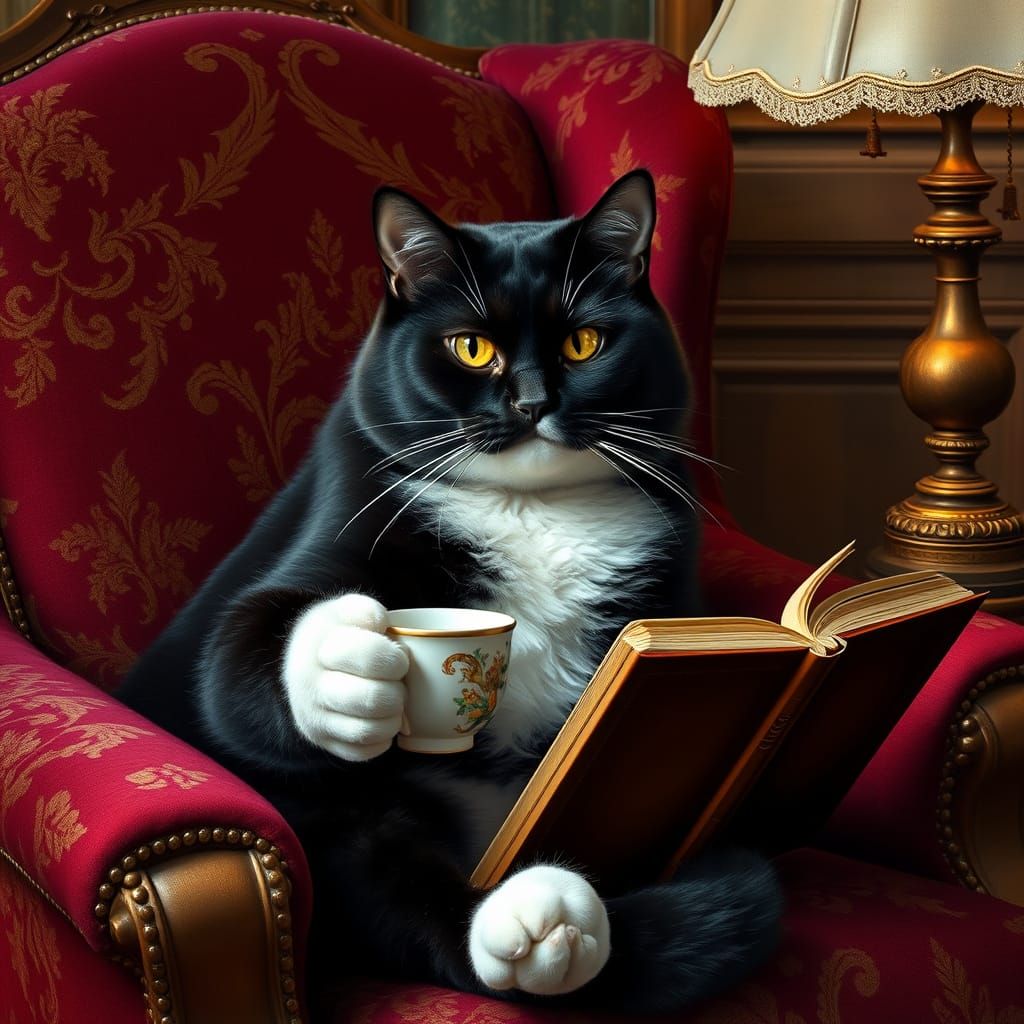 Regal Black Cat in Burgundy Armchair with Espresso Cup
