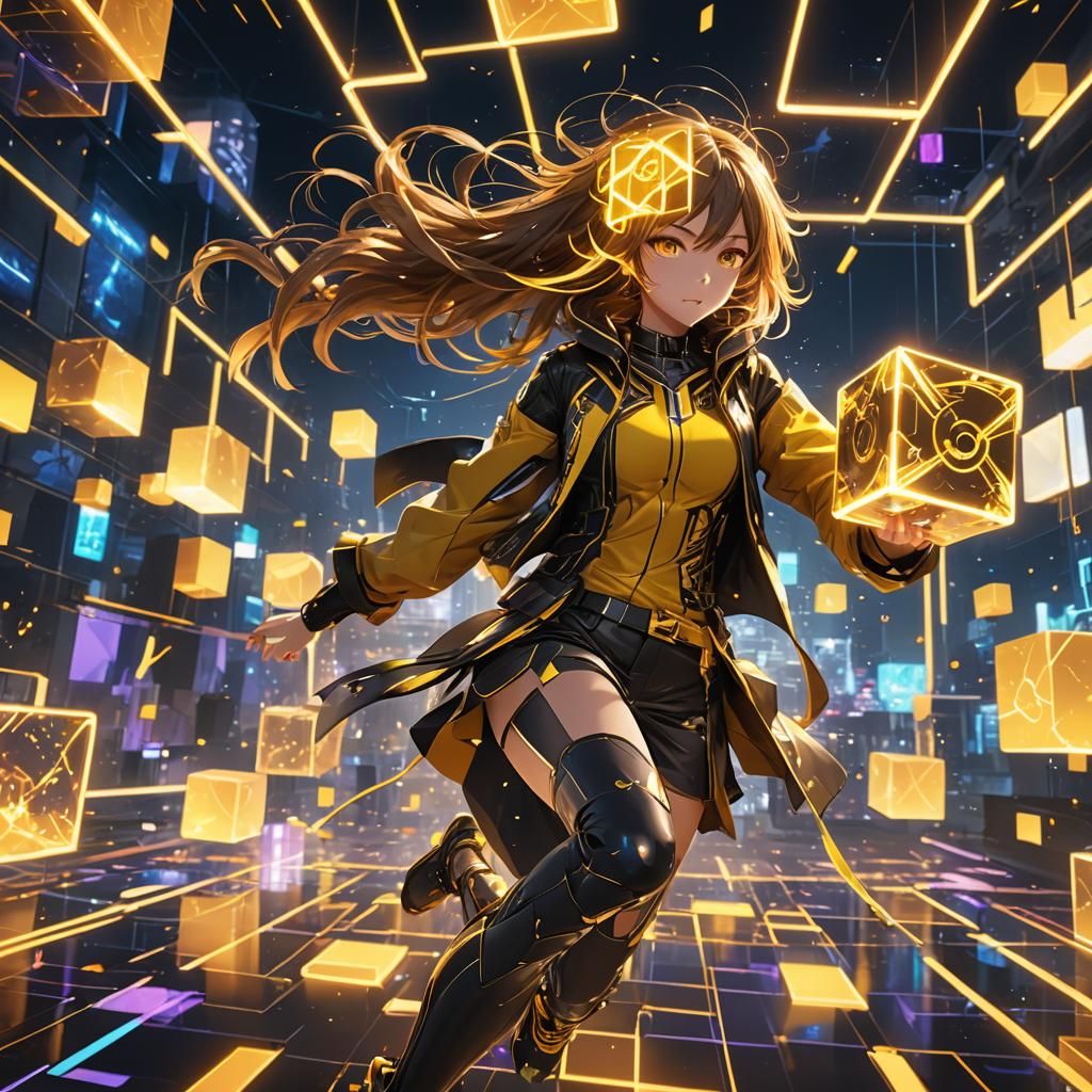 Anime Girl Battles Yellow Cube: Vibrant 3D Render