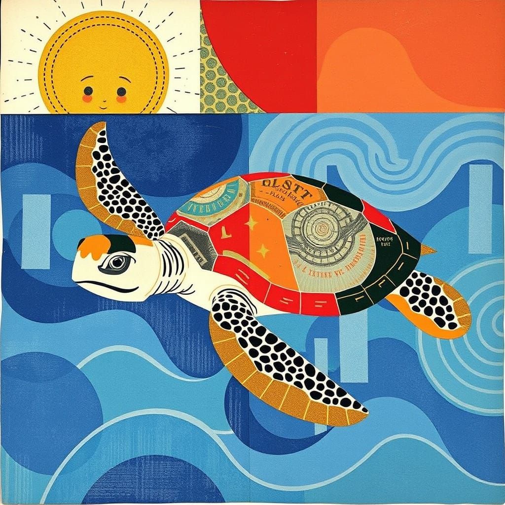 Vibrant Abstract Postcard Depicting a Serene Turtle Scene in...