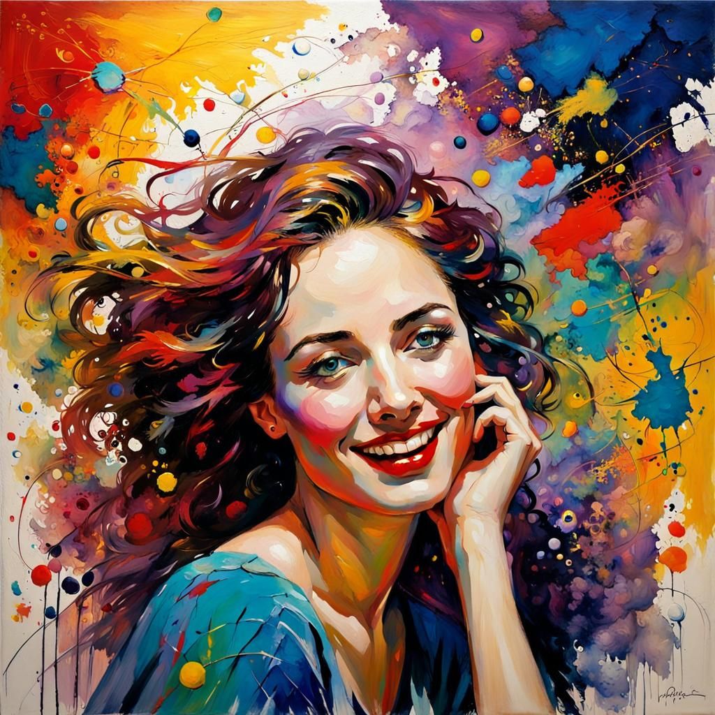 "underground comix painting of happy young woman surrounded ...