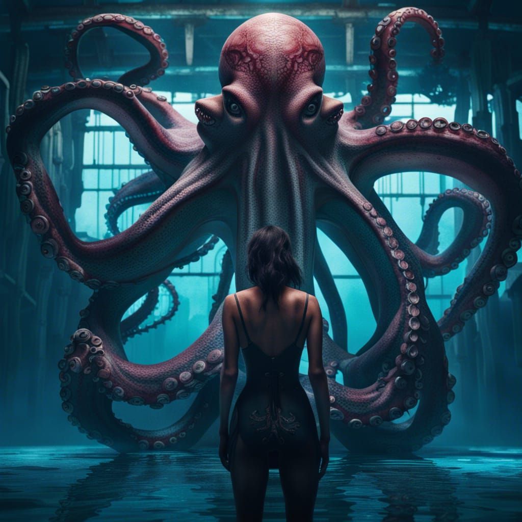 Octopus Grasping Girl in Noir Abandoned Pool