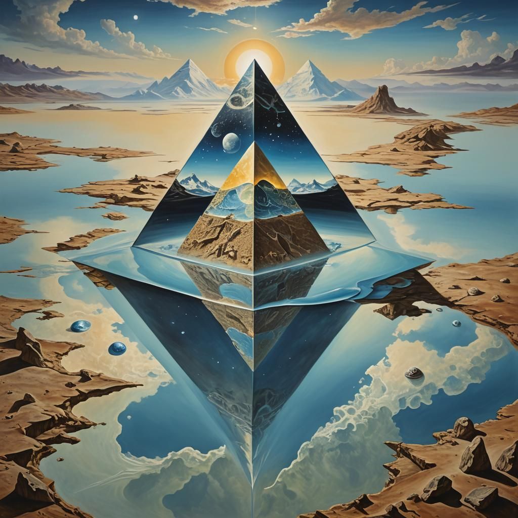 Crystal Pyramids Reflecting Earth in Surreal Oil Painting