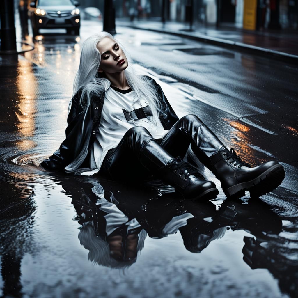 Girl on Wet Street in Hyper-Realistic Digital Art