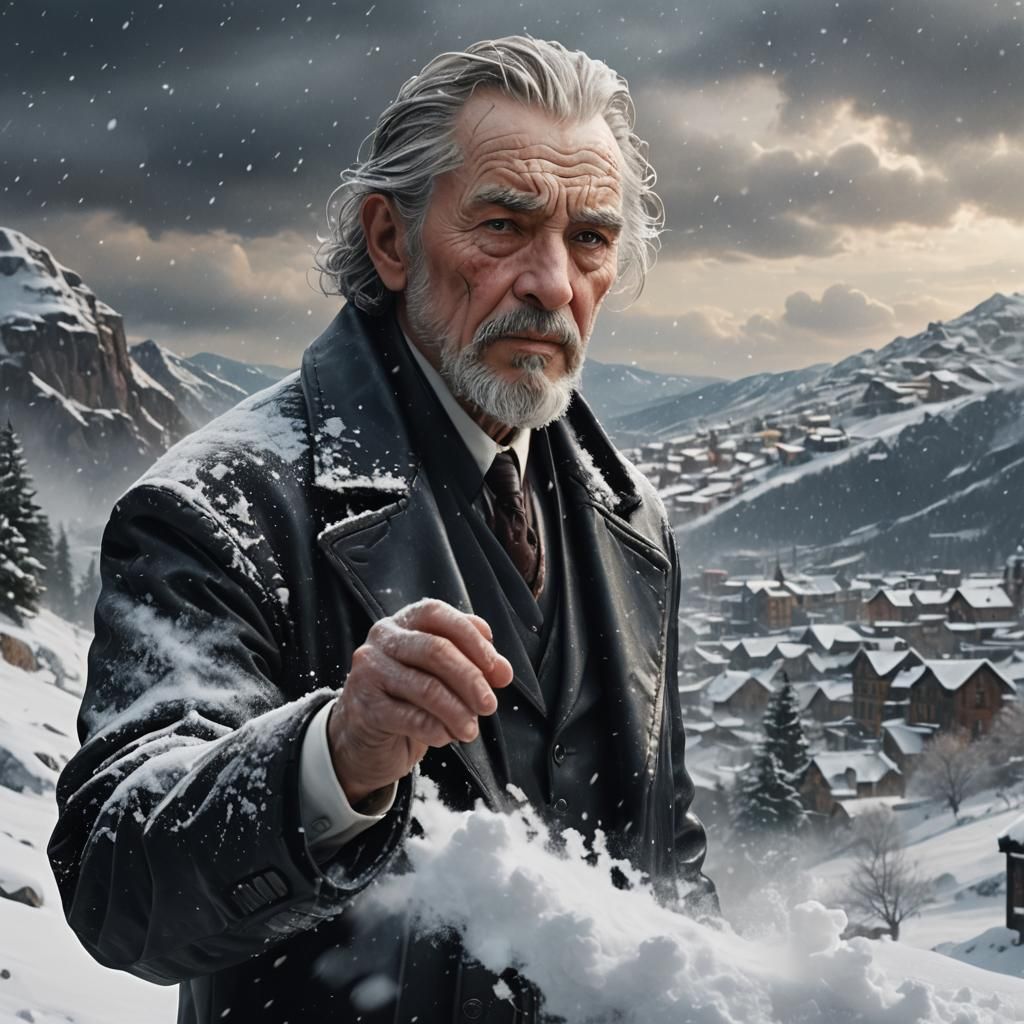 Old Man Inhaling Snow on Snowy Hill